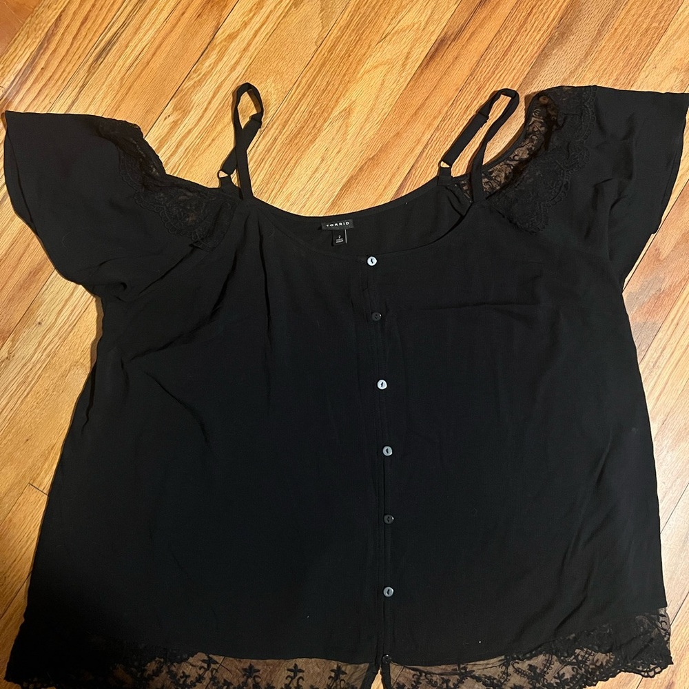 Torrid Black Button-Down Blouse with Lace Detail